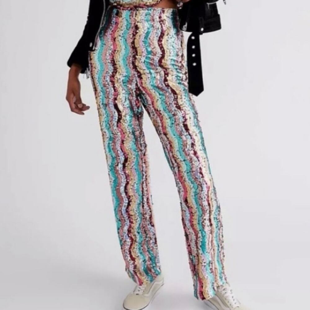 Free People Dance Again Retro Rainbow Sequin Size 2 Pants